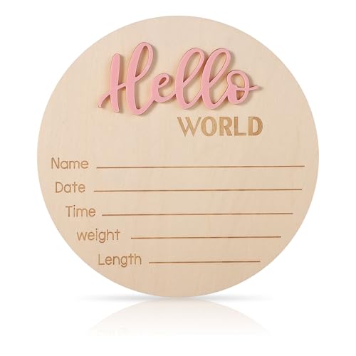 Wooden Hello World Baby Announcement Sign - Newborn Birth Name Plaque