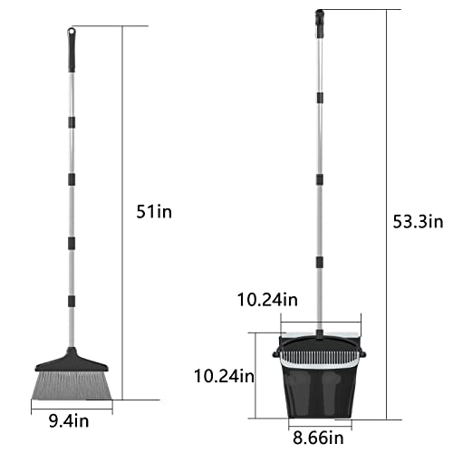 Broom and Dustpan Set with Adjustable Long Handle & Built-in Comb Teeth