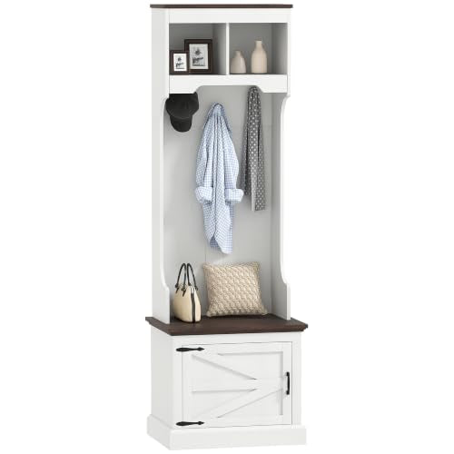 HOMCOM White Wood Grain Hall Tree with Shoe Storage, Coat Rack & Bench, 23.1 x 15.7 x 70.9 inches