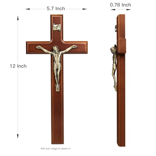 12-Inch Wooden Crucifix Wall Cross with Antique Brass Jesus Corpus