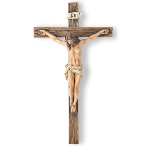 10-Inch Crucifix Wall Cross - Hand-Painted Stone Resin Religious Art