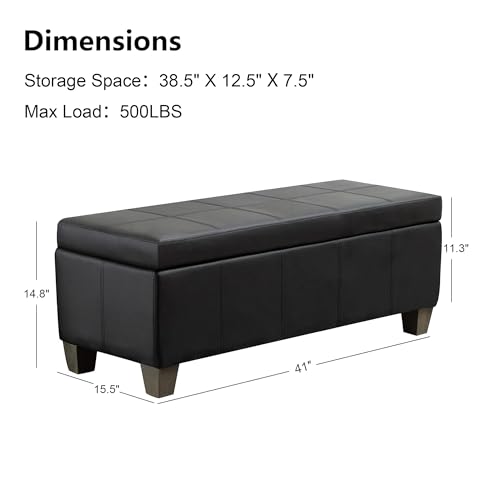 41-Inch Upholstered Storage Ottoman Bench with Safety Hinge, Black Faux Leather