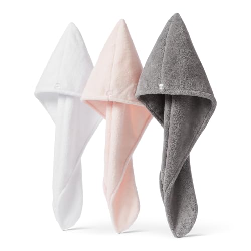 Amazon Basics Microfiber Hair Towel Wrap 3-Pack - Quick Dry, Soft, Recycled Material, White/Grey/Pink