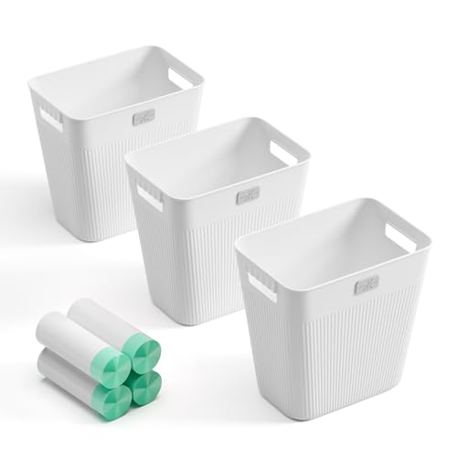 Slim Plastic Trash Can 3-Pack, 2.2 Gallon White Wastebasket with Bags