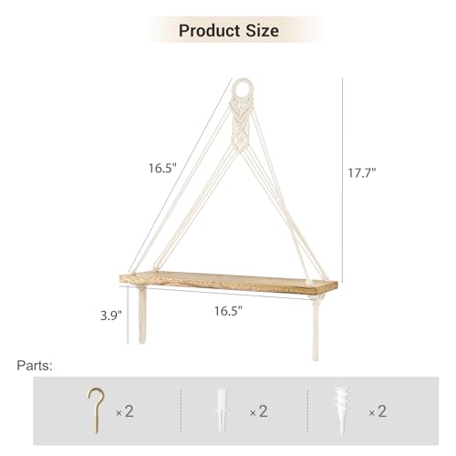 Boho Macrame Hanging Wall Shelves - Set of 2 Floating Wood Shelves