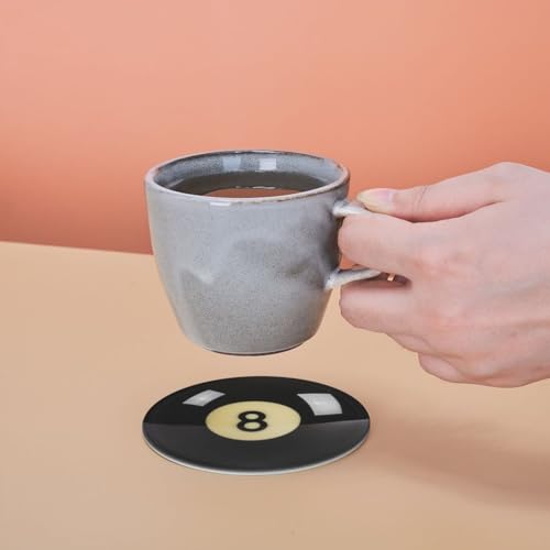 Sunwarshile Black 8 Billiard Leather Coaster Set with Holder, Round Drink Mats for Home & Bar