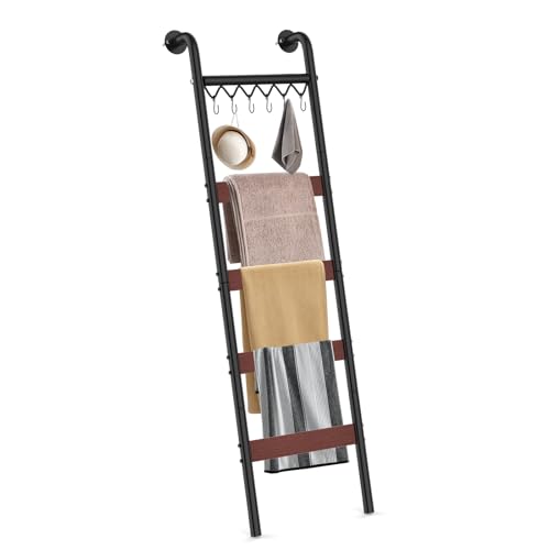 5-Tier Wall-Leaning Blanket Ladder Rack with Hooks, Rustic Storage Shelf