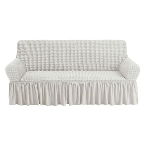 Ivory Stretch Sofa Cover with Skirt | Durable Slipcover for 3-Seater