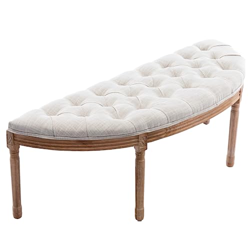 55-Inch Button-Tufted Half-Moon Dining Bench, Upholstered Linen Seat