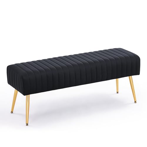 44-Inch Black Velvet Upholstered Ottoman Bench with Gold Metal Legs