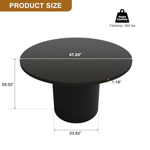 47-Inch Round Dining Table, Modern Farmhouse Wood Kitchen Table with Fluted Base