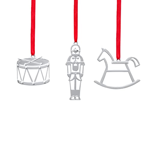 Nambé Mini Holiday Ornaments Set - Silver Rocking Horse, Nutcracker & Drum