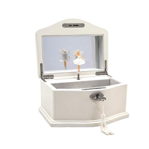 White Wooden Musical Jewelry Box with Spinning Ballerina and Mirror
