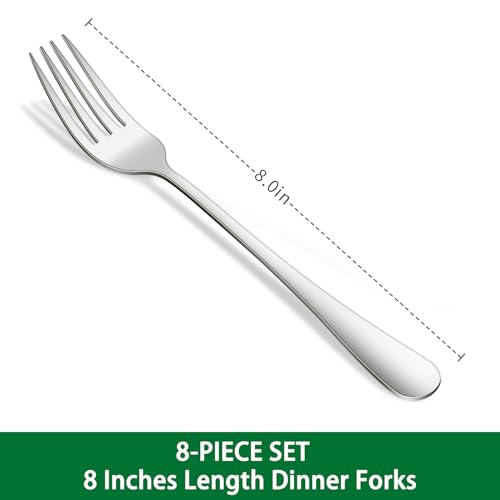 8-Inch Stainless Steel Dinner Forks Set - Dishwasher Safe Silverware (8 Pack)