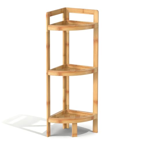 3-Tier Bamboo Corner Shelf, Free-Standing Triangular Storage Rack