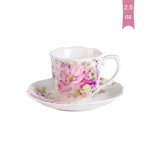 Pink GuangYang 2.8oz Mini Espresso Cups & Saucers Set of 6, Tiny Porcelain Coffee Set