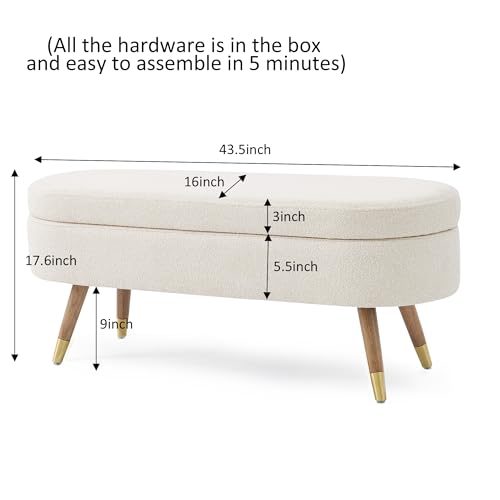 43.5" Oval Upholstered Storage Bench, Boucle Fabric Ottoman with Gold Legs