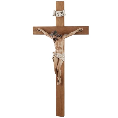 14-Inch Olive Wood Wall Crucifix - Handcrafted Catholic Religious Decor