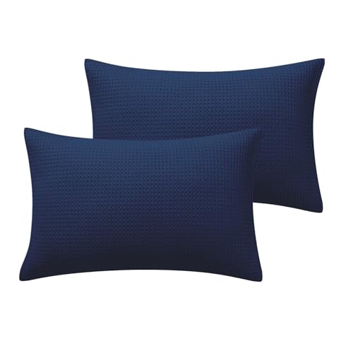 Waffle Weave Cotton Pillow Shams Set of 2, Standard 20x26, Navy Blue