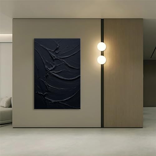 Minimalist Black Textured Oil Painting on Canvas 24x36 Inch Vertical Wall Art