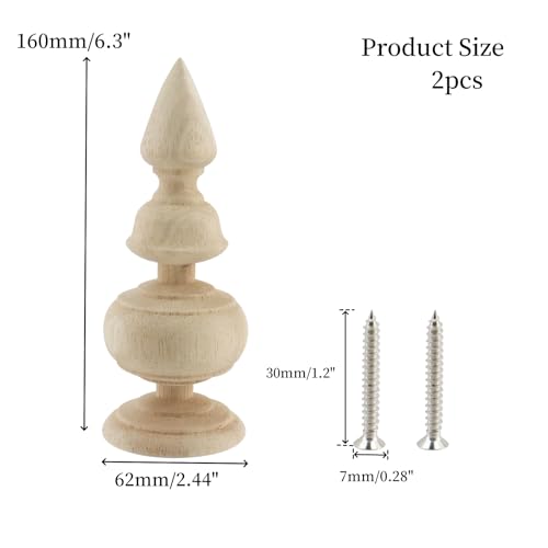 2Pcs Unfinished Solid Wood Decorative Finials 6.3-inch for DIY Home Decor