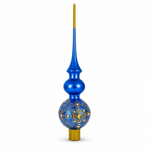 Golden Swirls on Blue 16-Inch Glass Christmas Tree Topper