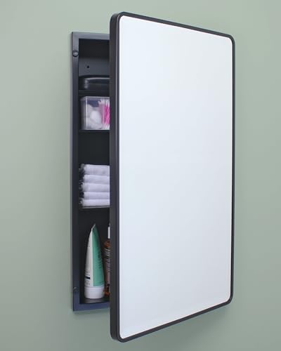 16x26 Rounded Rectangle Recessed Bathroom Medicine Cabinet, Black Steel