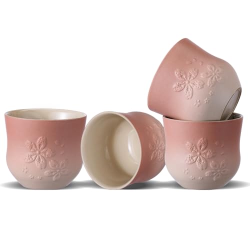 ZENS Pink Sakura Matcha Tea Cups Set of 4 - 210ml Ceramic Japanese Style