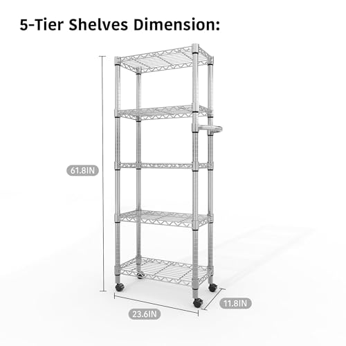 61-Inch Rolling Metal Wire Storage Rack with 5 Tiers and Wheels