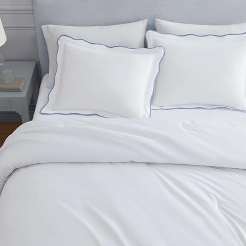 Queen Duvet Cover Set 100% Cotton Percale Reversible Bedding - Scallop Blue