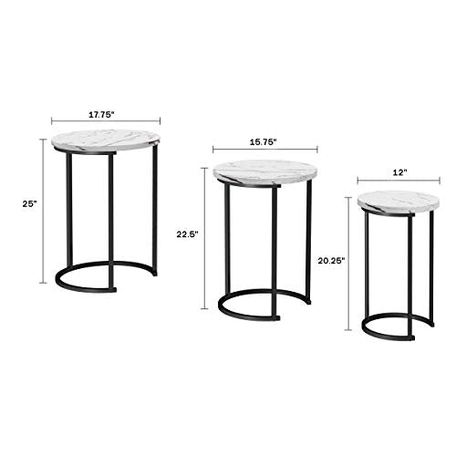 3-Piece Round Nesting Side Table Set, Faux Marble Top with Metal Base