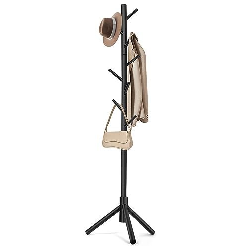Freestanding Wooden Coat Rack Tree with 8 Hooks & Adjustable Height