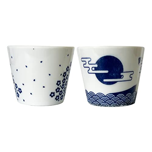 Japanese Sake Cups Set of 2 - Sakura & Mt. Fuji Indigo Pottery, 3.9 fl oz, Cold & Hot Drinkware, Gift Box
