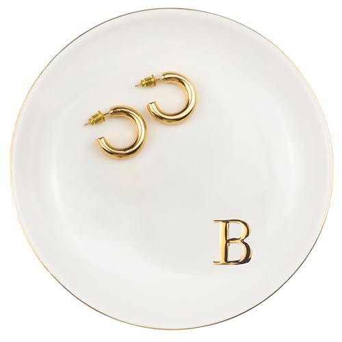 Yoqanr Ceramic Ring Dish B Monogram Personalized Jewelry Tray for Women - Wedding Gift, White