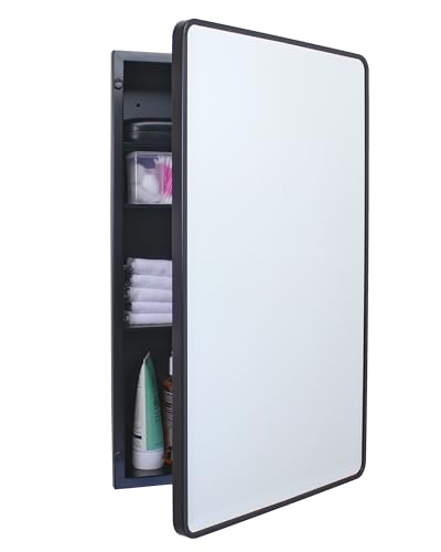 16x26 Rounded Rectangle Recessed Bathroom Medicine Cabinet, Black Steel