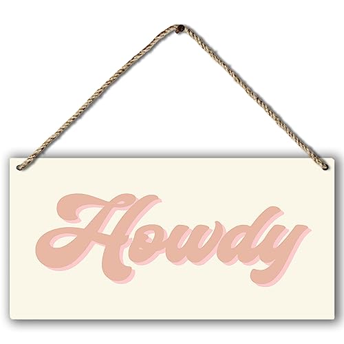 Retro Howdy Wooden Wall Sign - Pink and Beige Boho Hanging Plaque, 12x6"