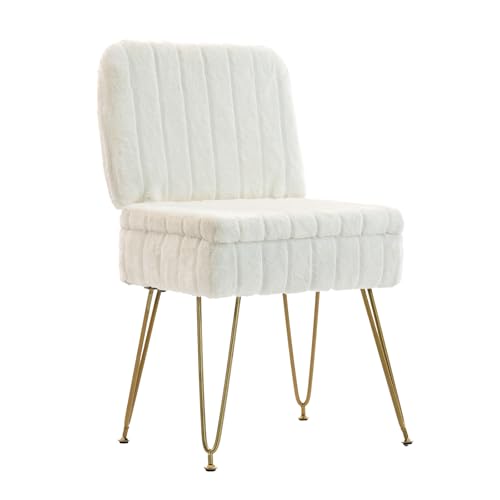 Faux Fur Vanity Chair with Hidden Storage & Folding Backrest - White