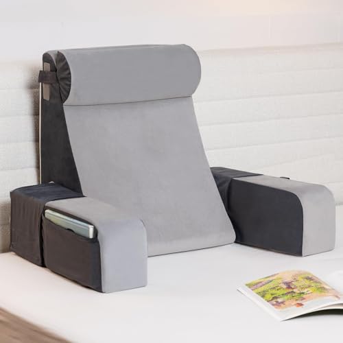 60° Wedge Reading Pillow with Adjustable Arms & Side Pockets - Gray