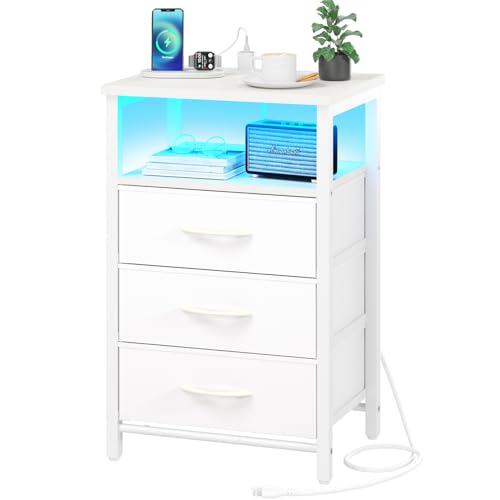 LED Nightstand with Charging Station, 3-Drawer Bedside End Table with USB