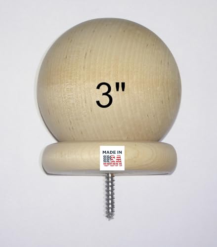 3-Inch Round Wooden Finial with 3/16 Inch Screw for Wood Posts and Railings