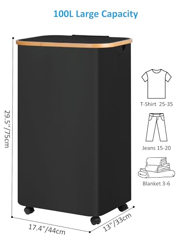 efluky 100L Rolling Laundry Basket with Lid & Removable Bag, Black