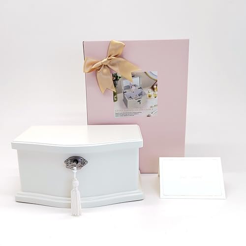 White Wooden Ballerina Musical Jewelry Box with Mirror and Lock