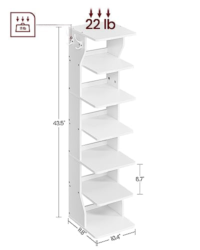 7-Tier Vertical Shoe Rack, Narrow Slim Storage Organizer with Hooks