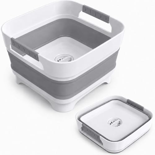 Goderewild Gray Collapsible Wash Basin 9L with Drain Plug for Kitchen & Camping