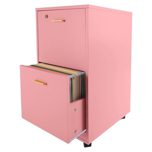 2-Drawer Rolling File Cabinet with Lock, Pink Wooden Under Desk Organizer