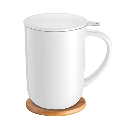 White Porcelain Tea Mug with Infuser, Lid & Coaster - 16oz CEFU