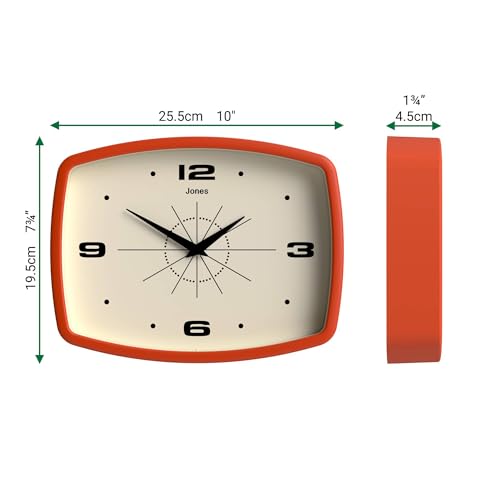 Retro Rectangular Wall Clock 10-Inch Orange Mid-Century Modern Decor