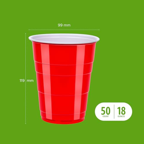 Sturdy Red Disposable Plastic Party Cups - 18oz, 50 Count