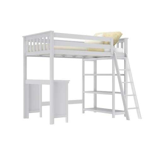 Twin High Loft Bed with Desk and Bookcase - Solid Pine Wood, White