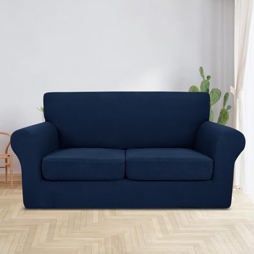 Stretch Loveseat Sofa Covers - 3-Piece Thick Slipcover Set for 2 Cushions, Navy Blue